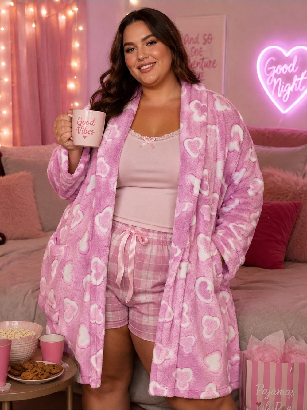 Dream Lover Plush Heart Print Bathrobe Women’s 2X Fuzzy Cozy Spa Loungewear Robe